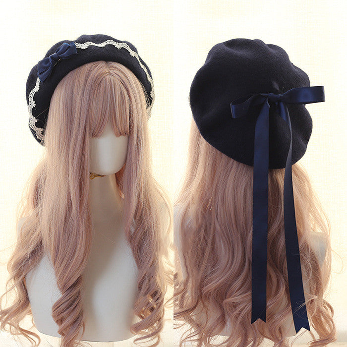 Xiaogui - Japanese Style Sweet Woolen Lolita Lace Beret navy blue bow (navy blue hat)