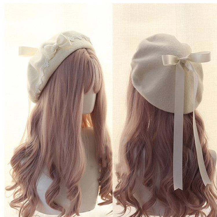 Xiaogui - Japanese Style Sweet Woolen Lolita Lace Beret cream white bow (white hat)