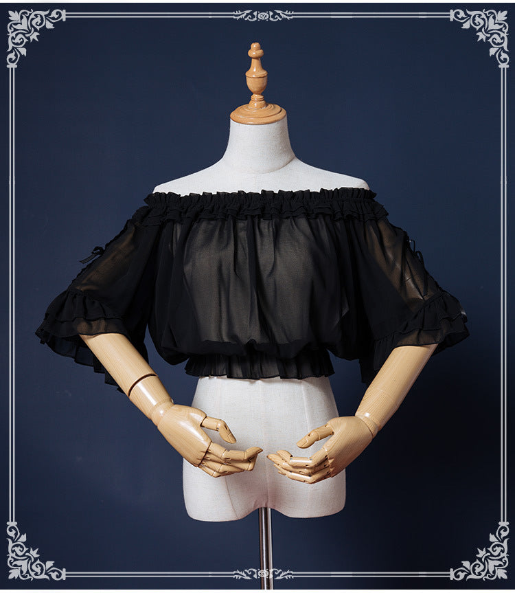 Eieyomi - Sweet Lolita Blouse Chiffon Round Neck Flounce Sleeve Shirt One Size black