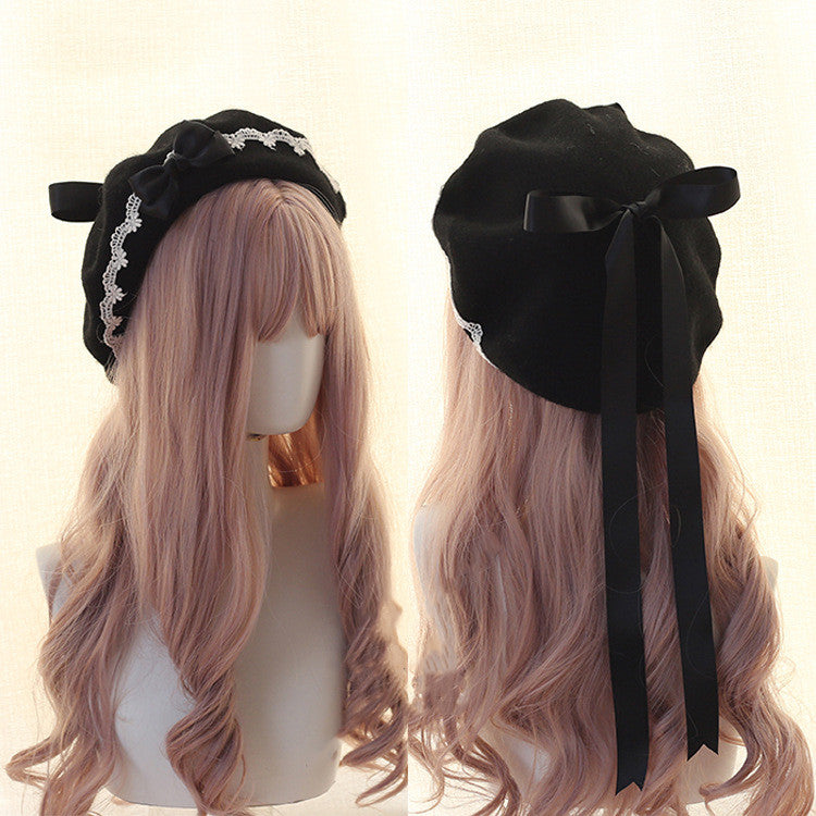Xiaogui - Japanese Style Sweet Woolen Lolita Lace Beret black bow (black hat)