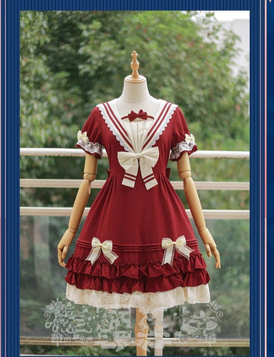 Strawberry Witch~Long Sleeve Sailor Style Lolita OP XS dull red 