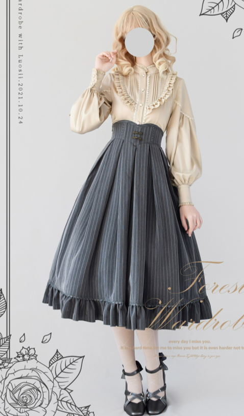Forest Wardrobe - North of the Forest - Classic Lolita Striped Vest Skirt Set S Smoke Grey Long Skirt In stock