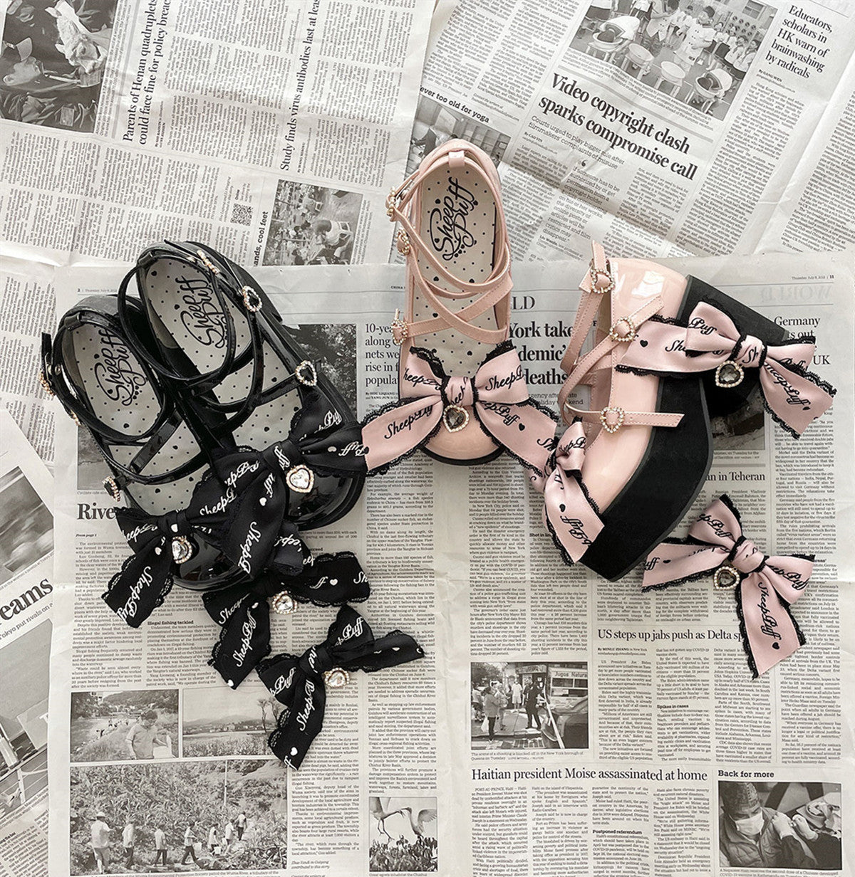 Sheep Puff - Black Pink Japanese Lolita Thick Heel Shoes