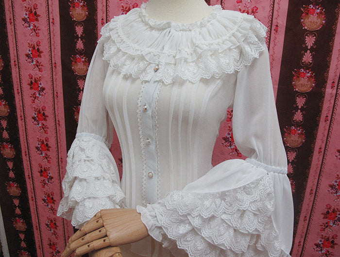 Yilia - Retro Lolita Shirt Princess Long Sleeve Lolita Blouse XS White