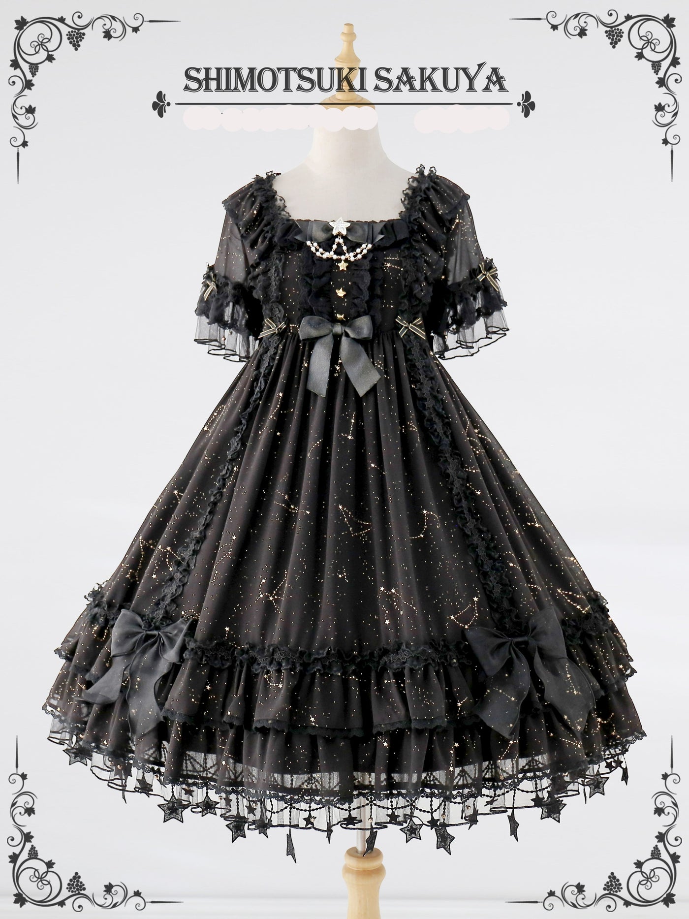 Sakuya Lolita~Whisper of Stars~Vintage Lolita OP Dress Constellation-themed Black Lolita Dress L black OP+KC (with round brooch instead of star brooch) 
