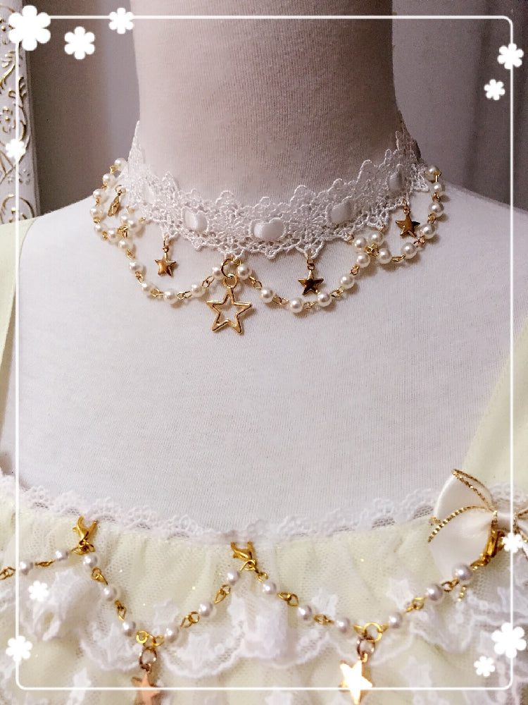 Sakuya Lolita~Whisper of Stars~Vintage Lolita Choker Black White Necklace free size white choker 