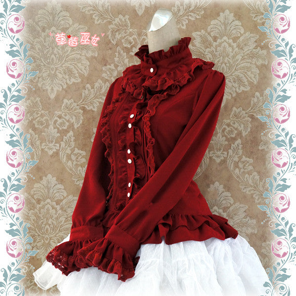 Strawberry Witch - Stand Coallr Silk Retro Lolita Blouse