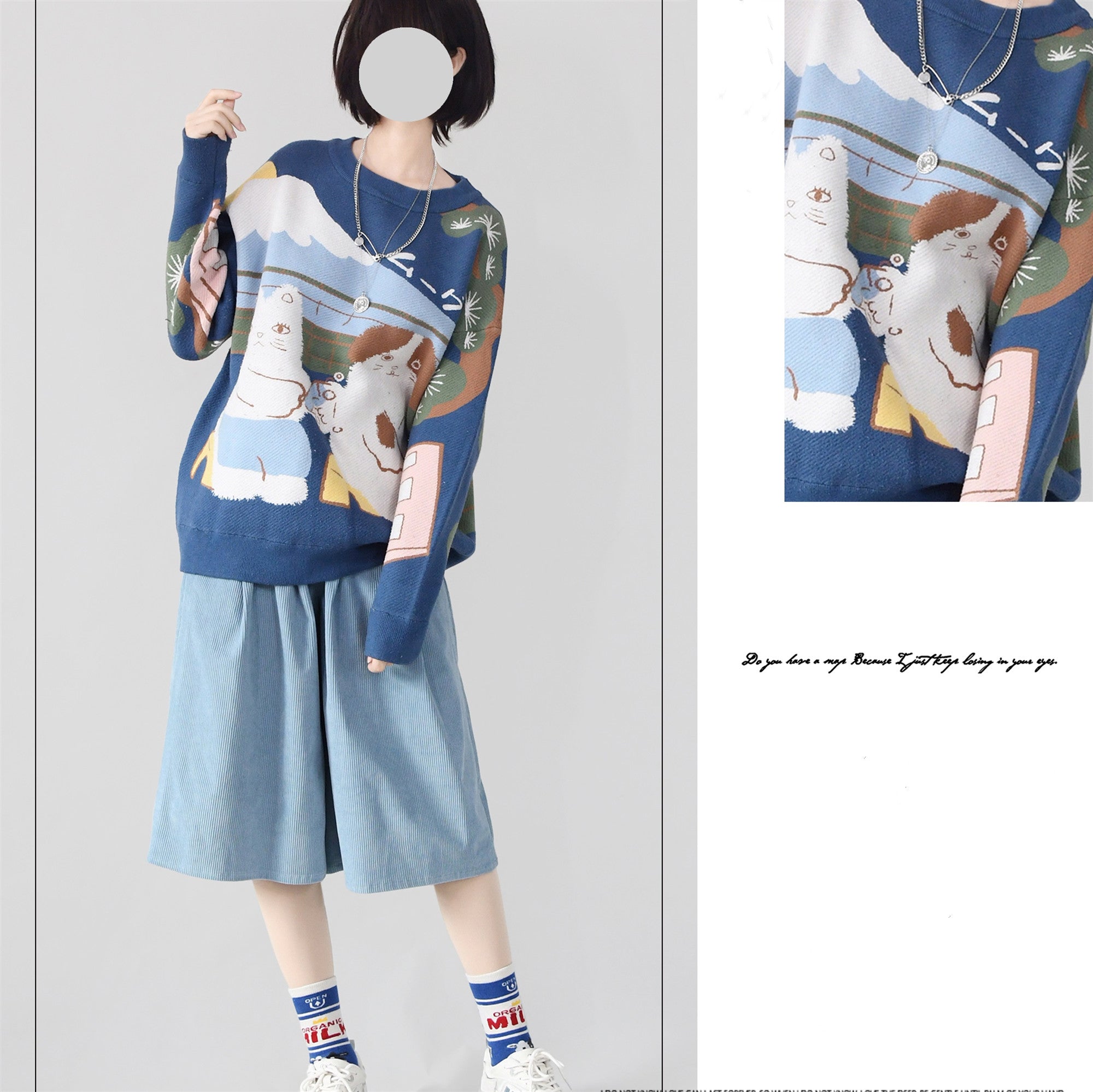 YuanSu - Vintage Loose Lolita Corduroy Pants S(55-75cm) grey blue (corduroy)