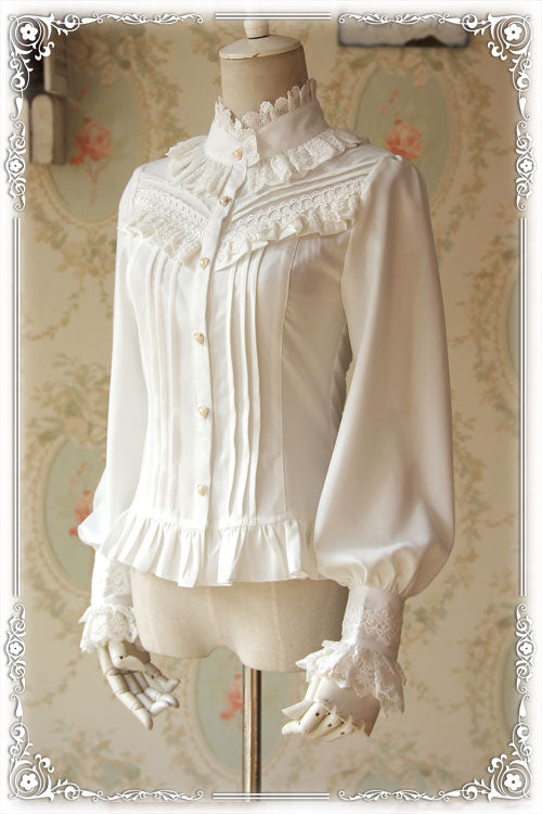 Infanta~Fragrance~Lace Ruffle Pin Tucks Lolita Blouse M white 