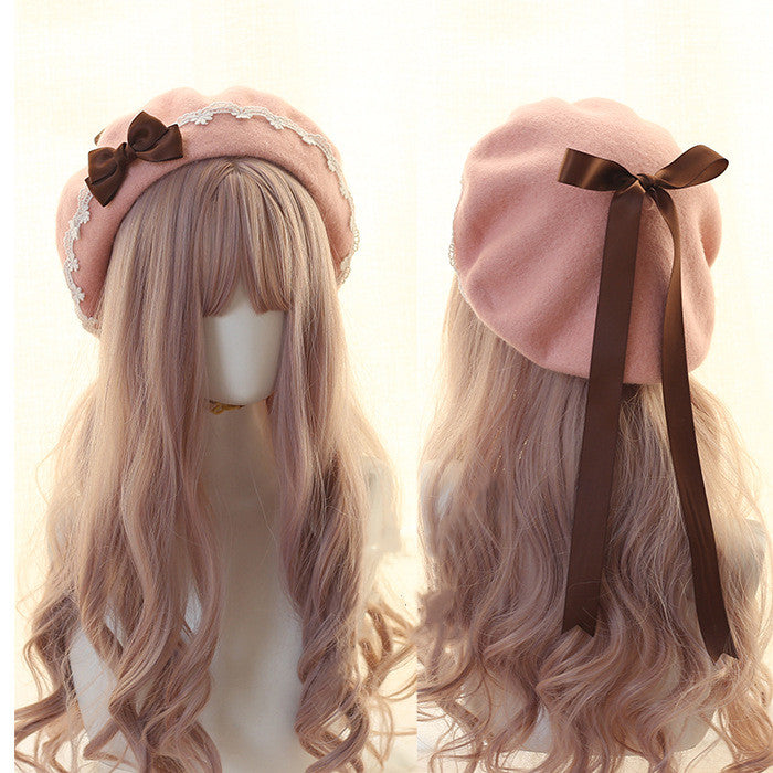 Xiaogui - Japanese Style Sweet Woolen Lolita Lace Beret coffee bow (pink hat)