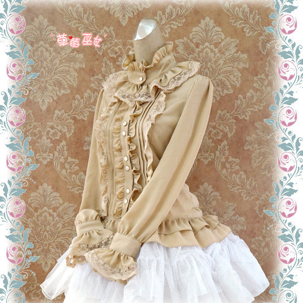 Strawberry Witch - Stand Coallr Silk Retro Lolita Blouse S khaki