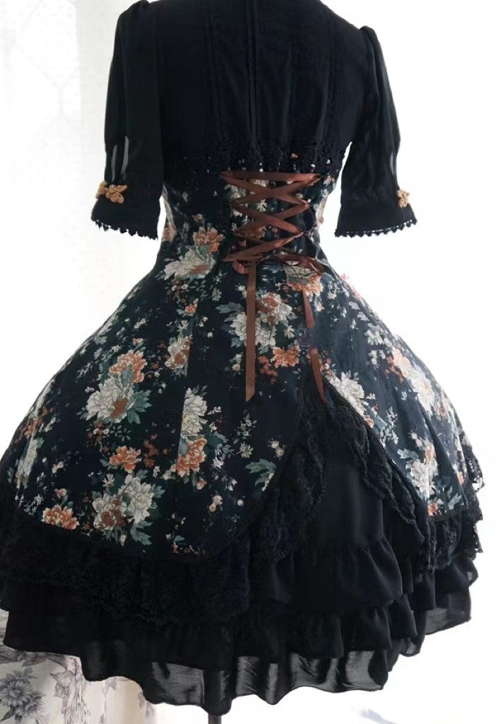 Strawberry Witch~Floral Qi Lolita OP Dress S balck short sleeve 
