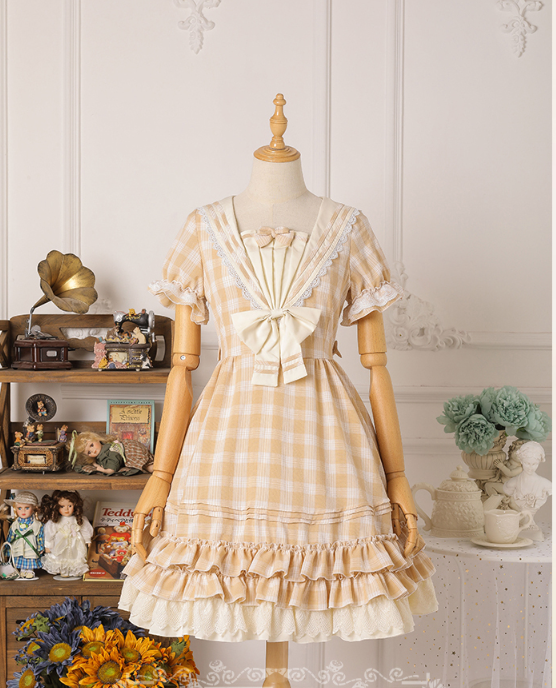 Tartan Sailor Lolita OP Dress S yellow grid long sleeves OP