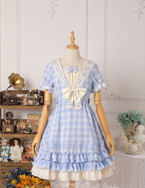 Tartan Sailor Lolita OP Dress S light blue grid long sleeves OP