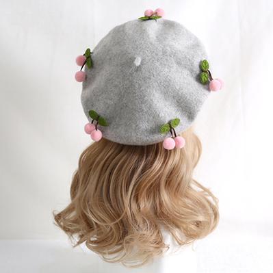Xiaogui - Cherry Round Red Lolita Beret Multicolors M(56-58cm) pink cherry+light grey beret