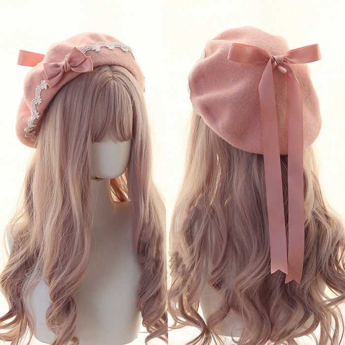 Xiaogui - Japanese Style Sweet Woolen Lolita Lace Beret pink bow (pink hat) more like to magenta