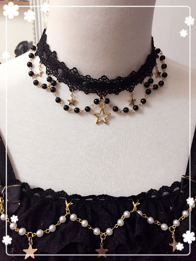 Sakuya Lolita~Whisper of Stars~Vintage Lolita Choker Black White Necklace free size black choker 