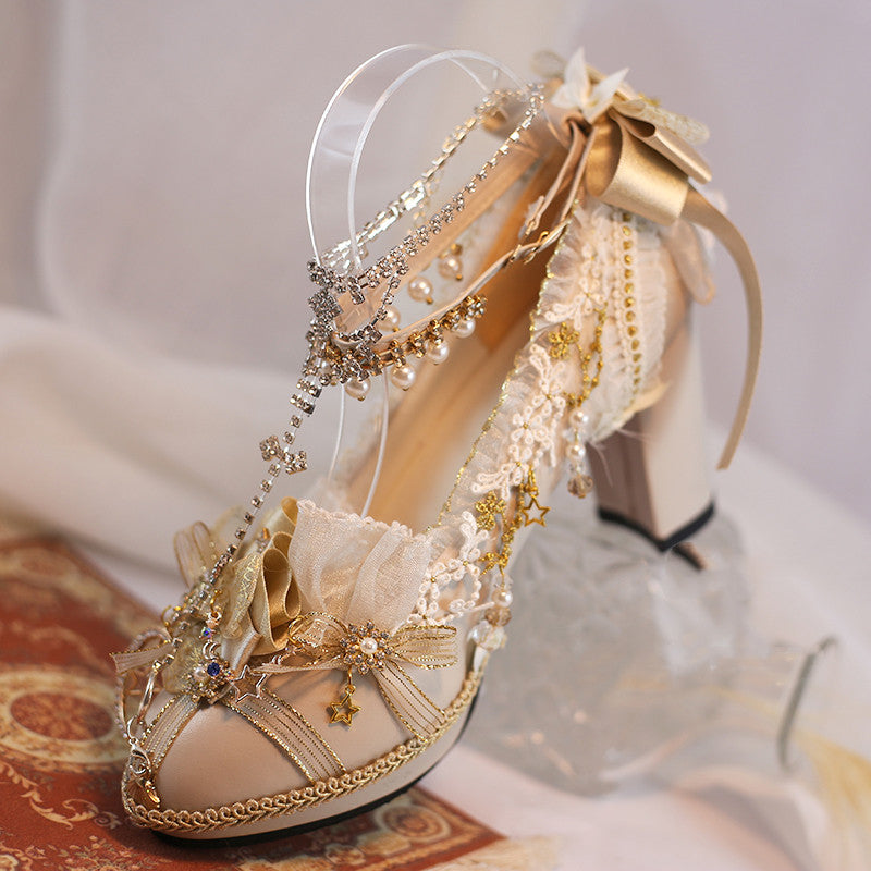Hexagram~Constellation ~Classic High Heels Lolita Shoes 30（6cm heel height） white and gold 