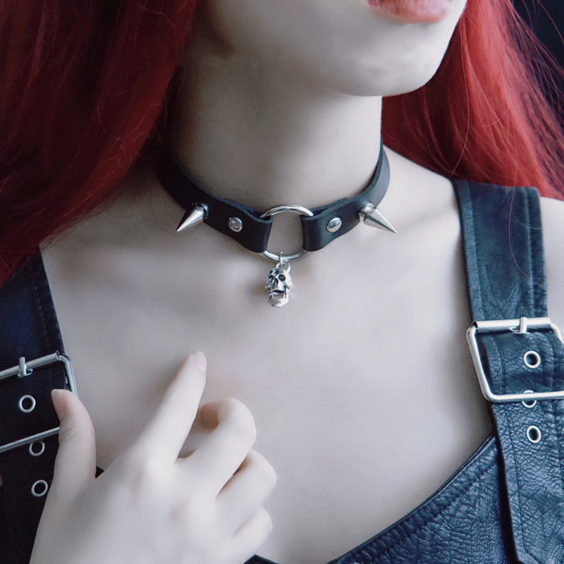 Strange Sugar - Gothic Lolita Cross Leather Choker No.6 Skull rivet