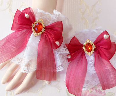 (Buyforme)Sakura Home~Sweet Lolita Handmade Lace Bows Cuffs a pair of dark red cuffs  