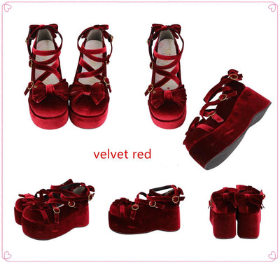 (Buy for me)Sheep Puff~ Sweet Lolita Bow Platform Shoes Multicolors 34 velvet red 