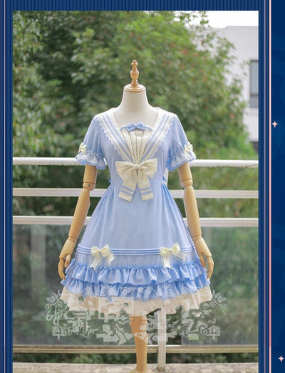 Strawberry Witch~Long Sleeve Sailor Style Lolita OP XS light blue 