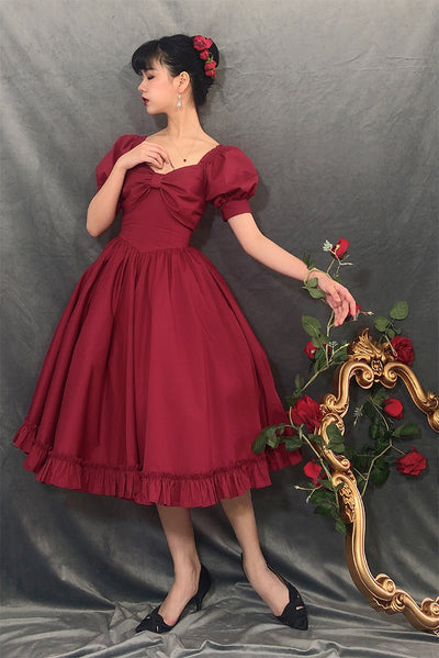 Beleganty~Miss Rebecca~Pure Color Elegant Lolita OP Dress S matte true red-long version 