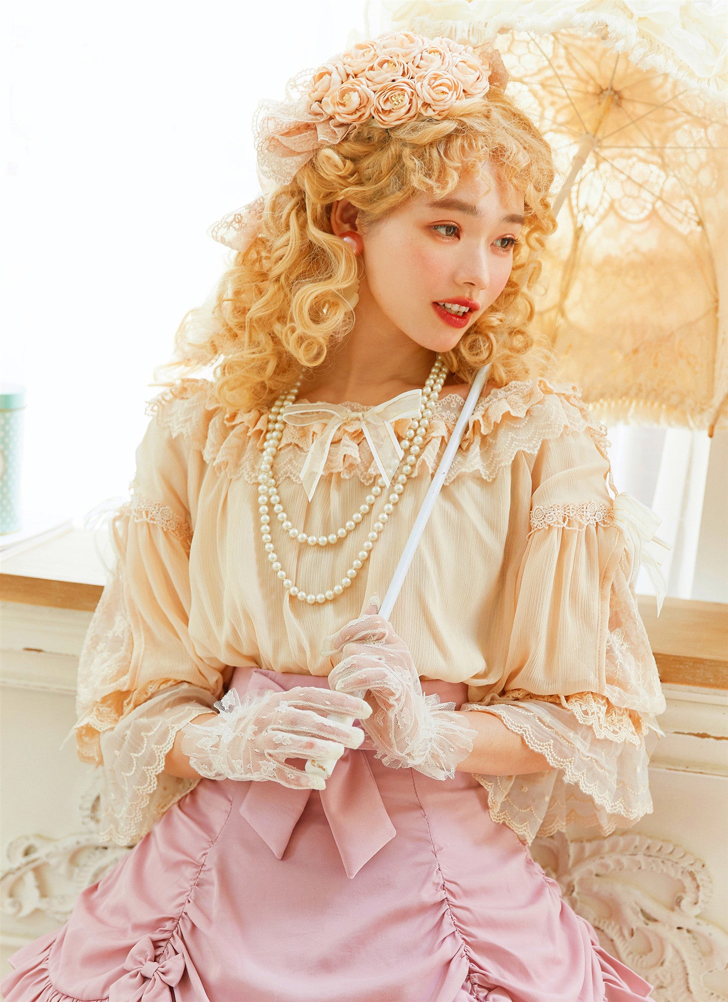 Boguta - Heidi Series - Classic Lace Puff Sleeves Blouse size 2 apricot