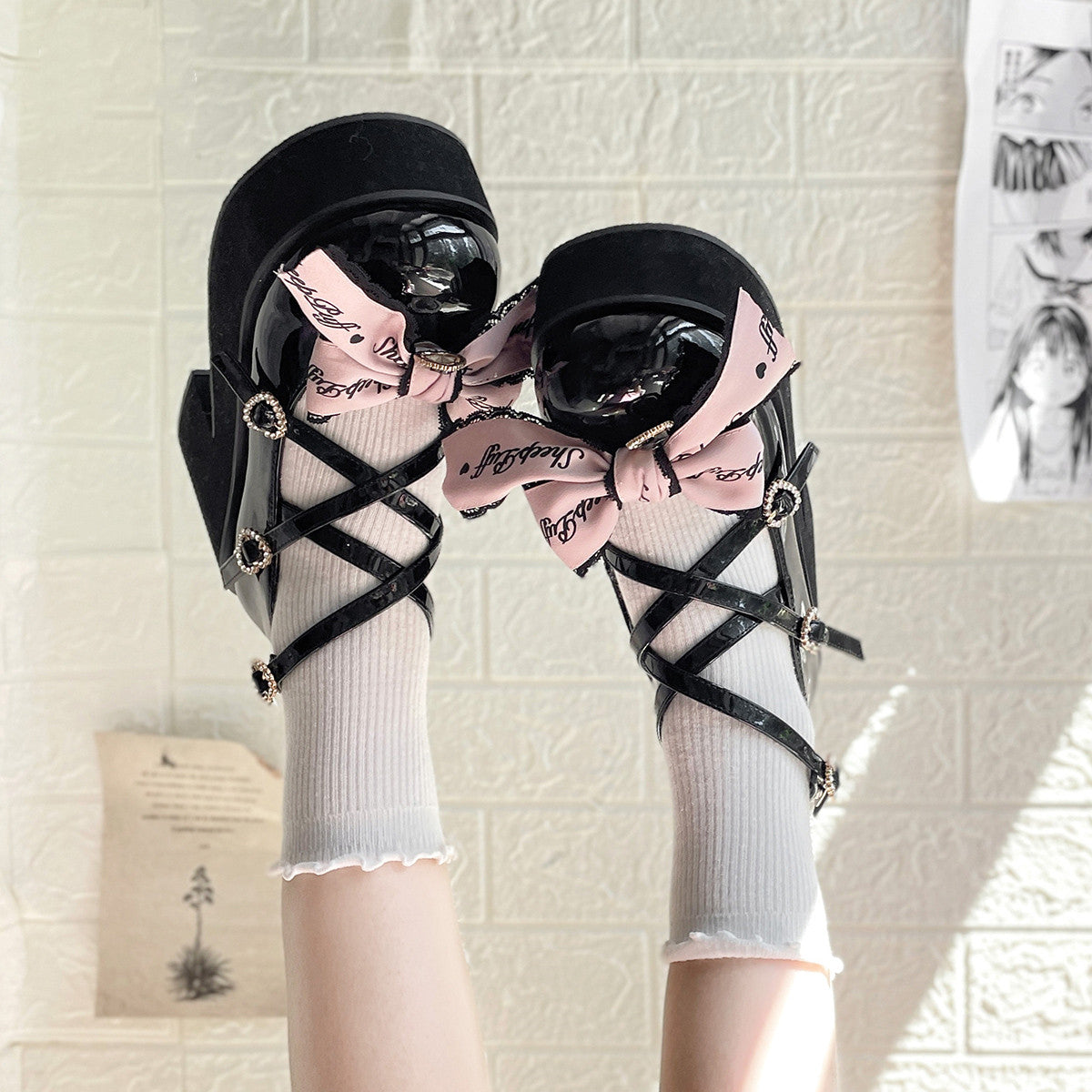 Sheep Puff - Black Pink Japanese Lolita Thick Heel Shoes 34 black