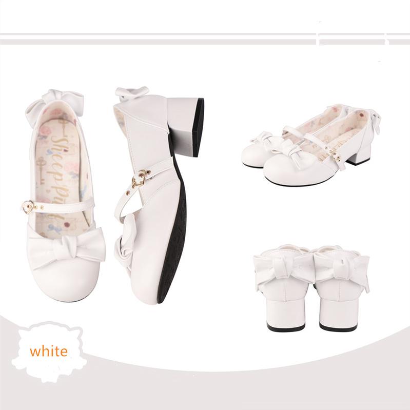 Sheep Puff - Elegant Lolita Bownot Retro High Heel Shoes 34 white matte PU