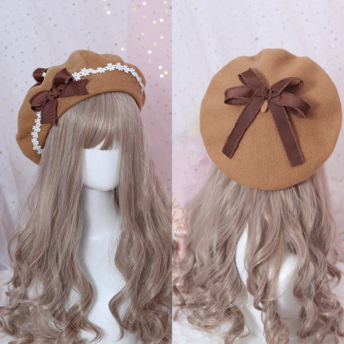 Xiaogui - Sweet and Lovely Daisy Bowknot Woolen Beret Coffee bow+brown hat One Size