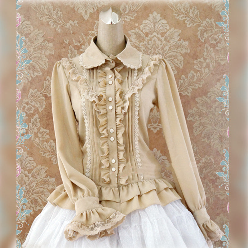 Strawberry Witch - Elegant Lace-Up Back Lolita Blouse S Khaki
