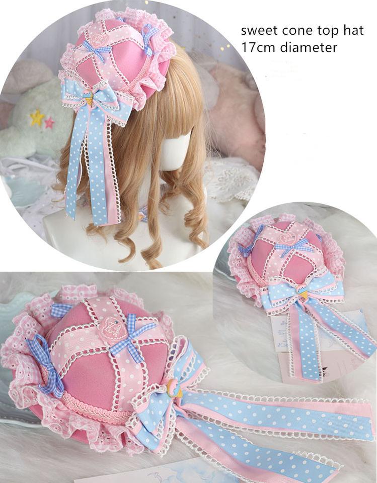 Manmeng - Pink and Blue Sweet Lolita Bow Headwear sweet cone top hat