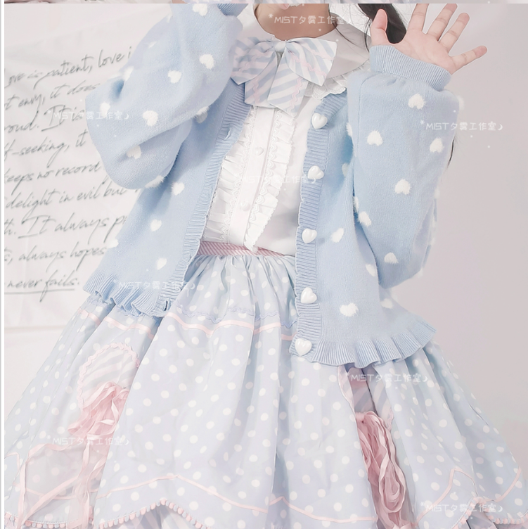 MIST~Little Heart~Sweet Lolita Thick Cardigan Sweater Coat S blue 