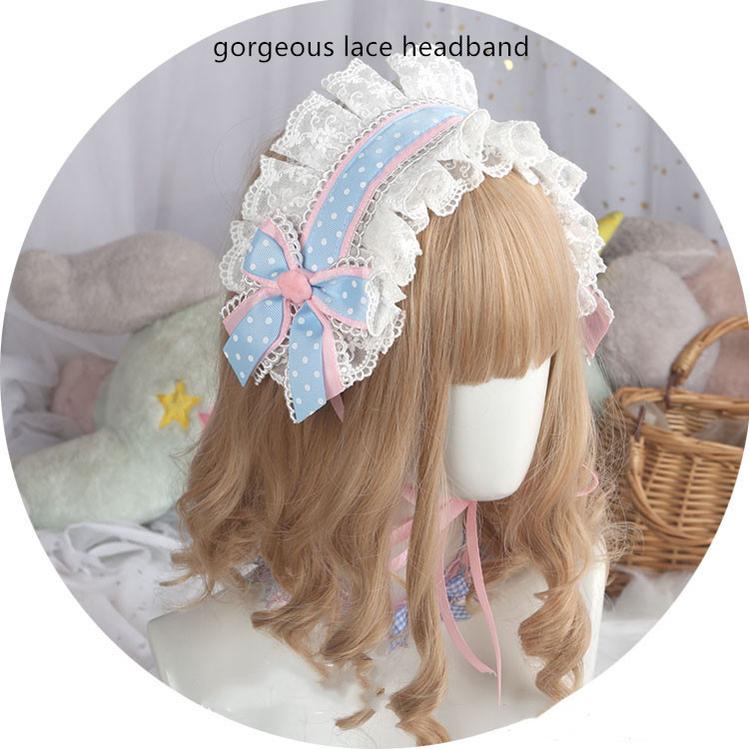 Manmeng - Pink and Blue Sweet Lolita Bow Headwear gorgeous lace hairband