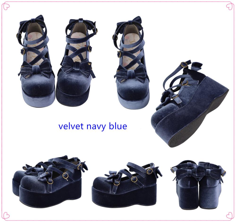 (Buy for me)Sheep Puff~ Sweet Lolita Bow Platform Shoes Multicolors 34 velvet navy blue 