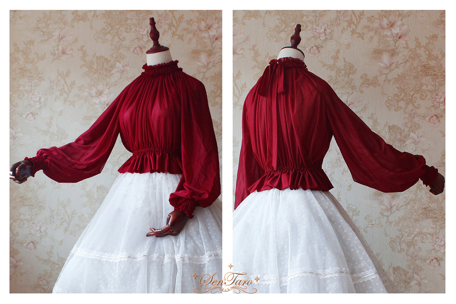 SenTaro - Little Pudding - Long Puff Sleeve Lolita Blouse One Size wine red (in stock)