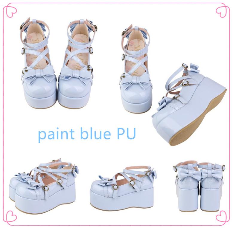 (Buy for me)Sheep Puff~ Sweet Lolita Bow Platform Shoes Multicolors 34 paint blue PU 