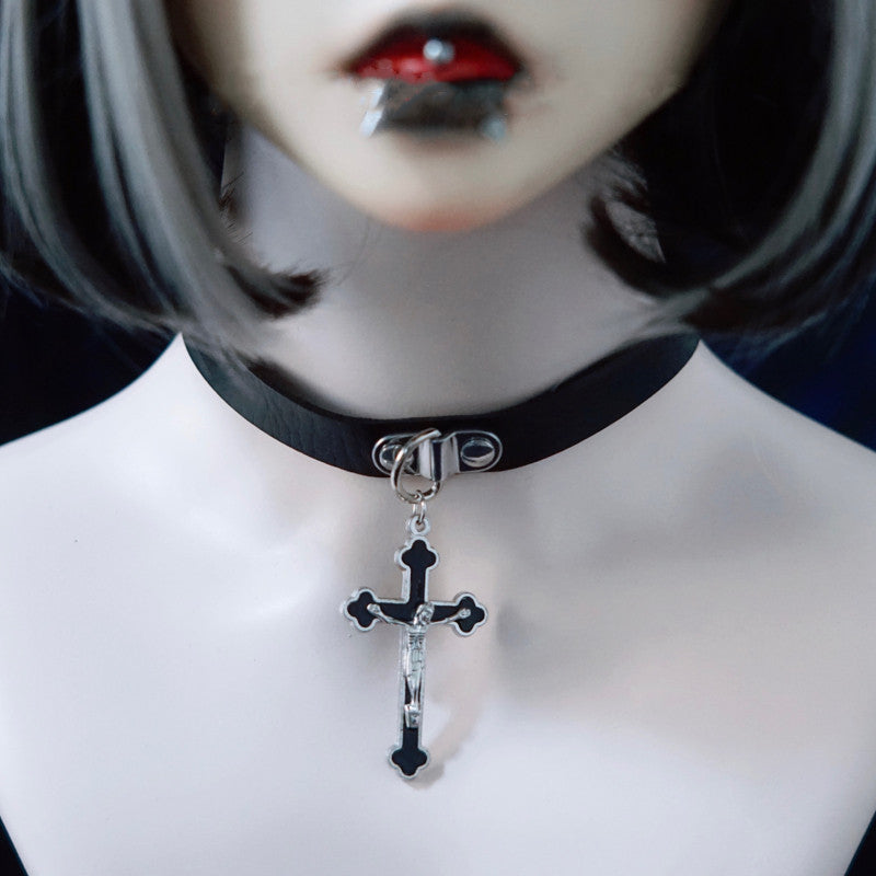 Strange Sugar - Gothic Lolita Cross Leather Choker No.23 Black cross
