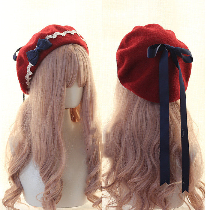 Xiaogui - Japanese Style Sweet Woolen Lolita Lace Beret navy blue bow (wine red hat)