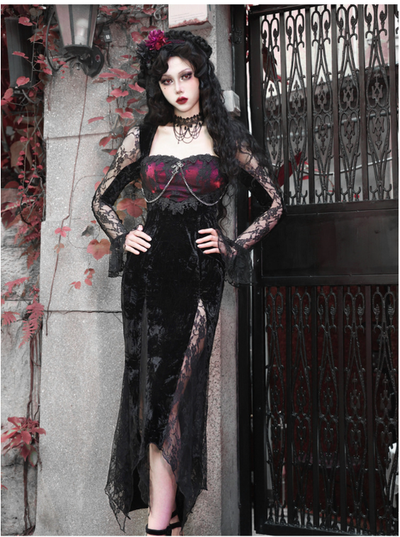 Blood Supply~Rose Cemetery~Gothic Lolita Dress Dark Red Velvet Mermaid Dress   