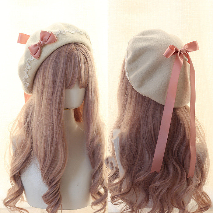Xiaogui - Japanese Style Sweet Woolen Lolita Lace Beret korea pink bow (cream white hat)