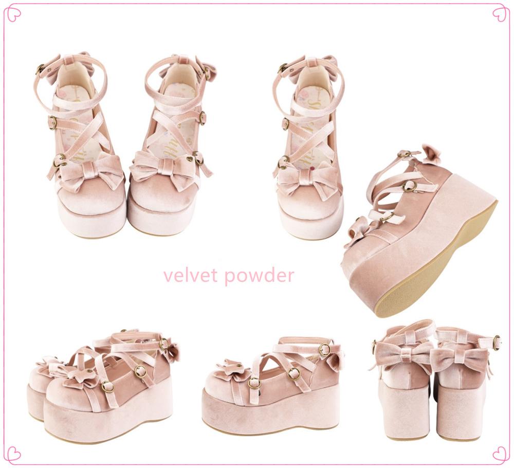 (Buy for me)Sheep Puff~ Sweet Lolita Bow Platform Shoes Multicolors 34 velvet pink 