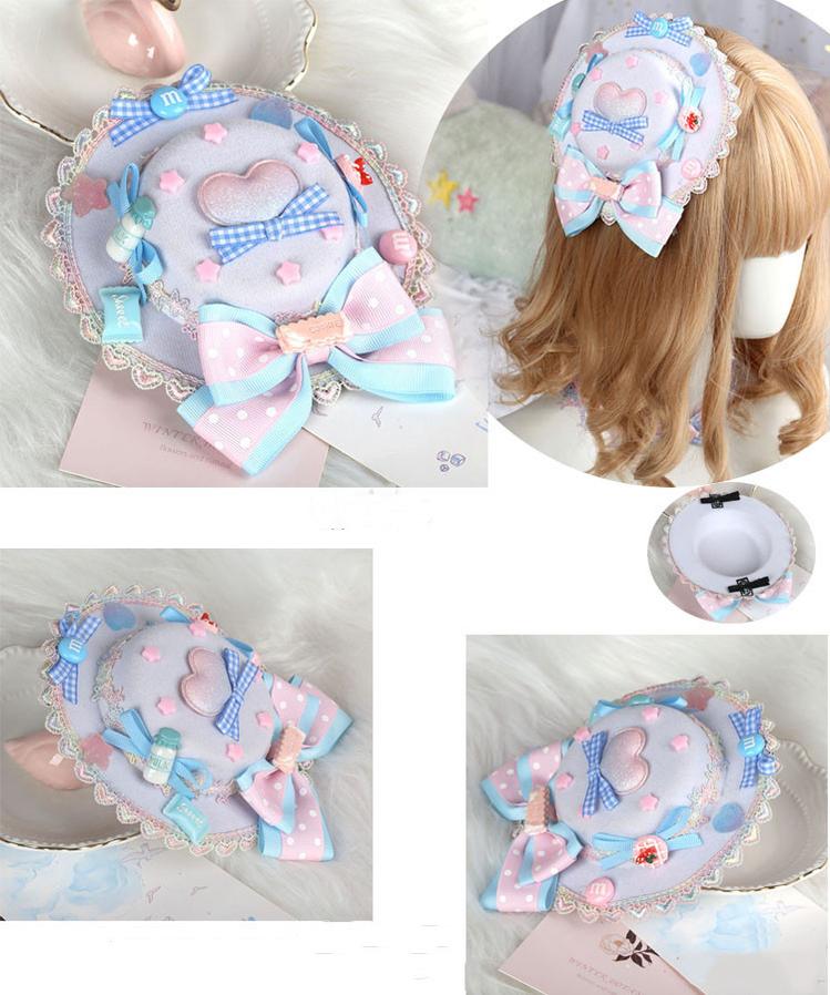 Manmeng - Pink and Blue Sweet Lolita Bow Headwear heart lace top hat