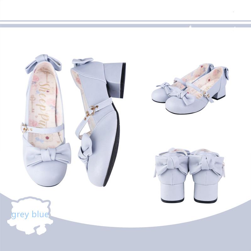 Sheep Puff - Elegant Lolita Bownot Retro High Heel Shoes 34 grey blue (micro-shiny fabric)
