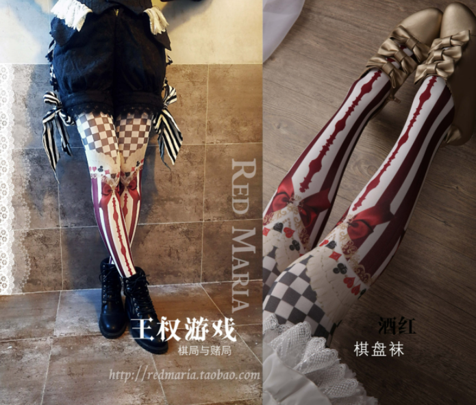 Red Maria - Royalty Game - Chessboard 80D Velvet Lolita Tights One Size wine red