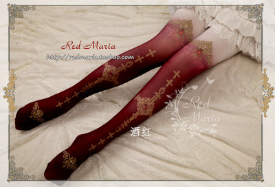 Red Maria~ Cross Print 80D Velvet Lolita Tights free size wine red 