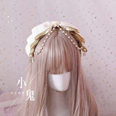 Xiaogui - Gothic Accessories Lolita Bow KC Hairclip cream white (multilayer beads KC)