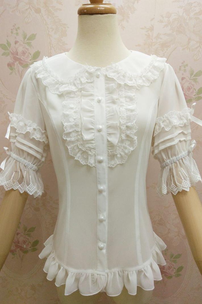 Embroidered White Slim Chiffon Blouse