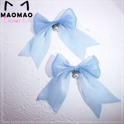 MaoJiang Handmade - Kawaii Bows Lolita Head Accessories blue-big bow bead hairpin (a pair)